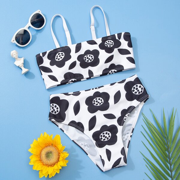 

Girls Floral Bikini Swimsuit, Black and white