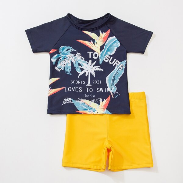 

Boys Tropical & Letter Print Two Piece Swimsuit, Multicolor