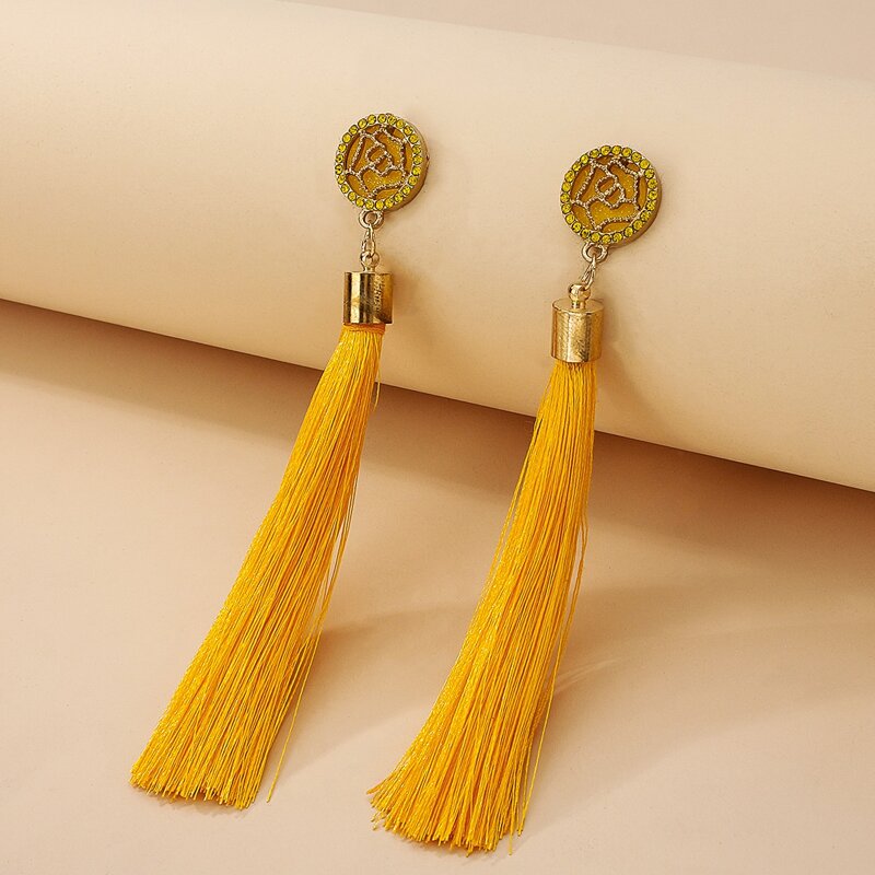 

Rhinestone Rose Tassel Drop Earrings, Yellow