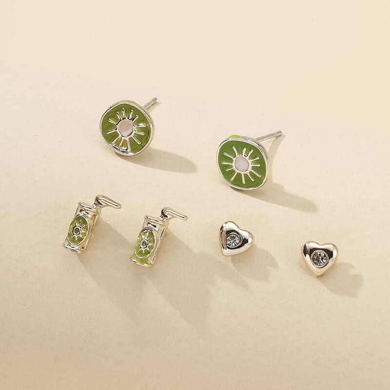 

3pairs Fruit & Heart Stud Earrings, Green