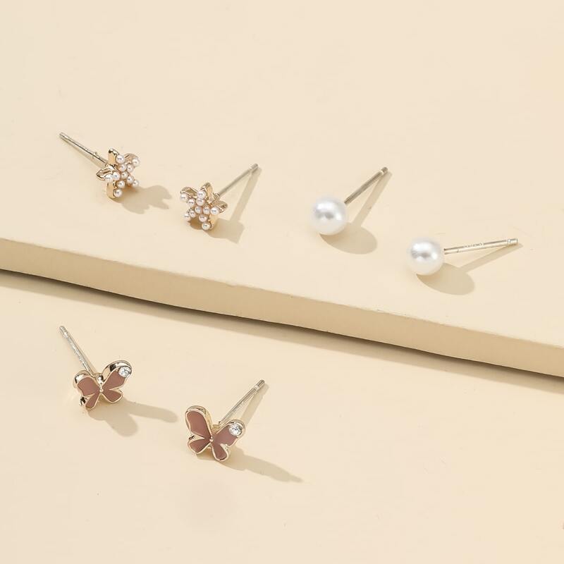 

3pairs Butterfly & Faux Pearl Stud Earrings, Multicolor