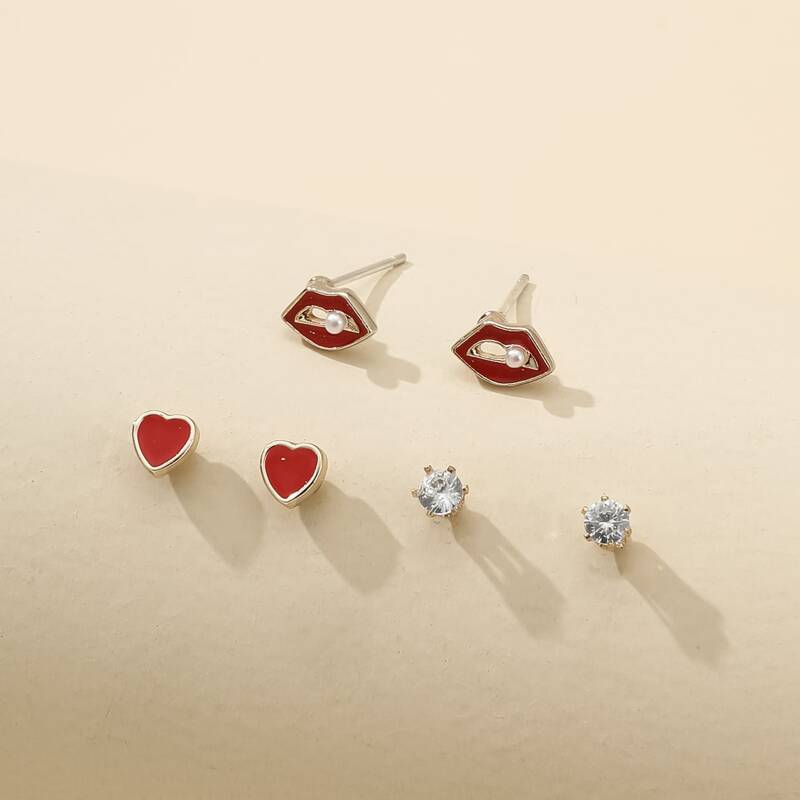 

3pairs Heart & Lip Stud Earrings, Multicolor