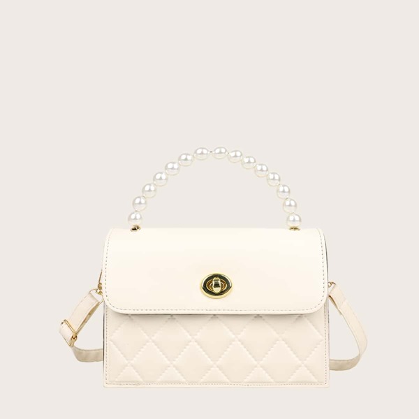 

Quilted Turn Lock Satchel Bag, Beige