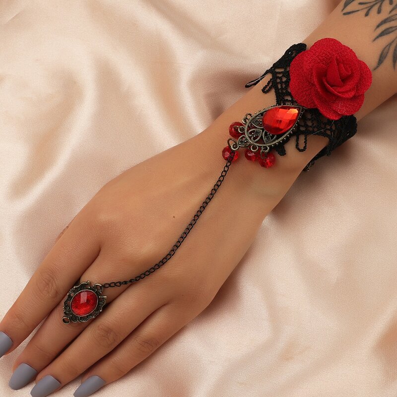 

Rhinestone & Rose Ring Linked Lace Bracelet, Red