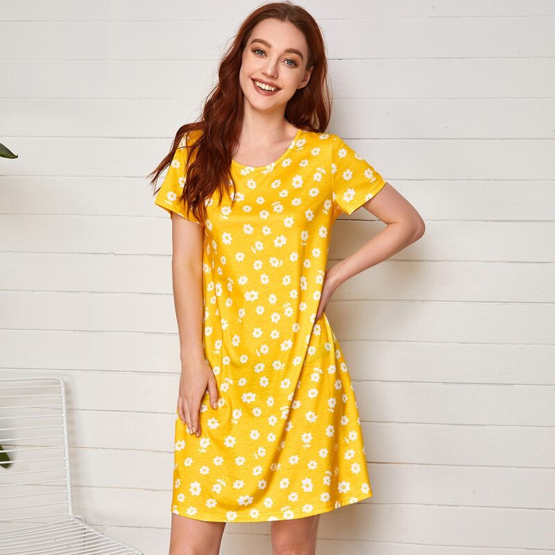 

All Over Floral Print Night Dress, Yellow