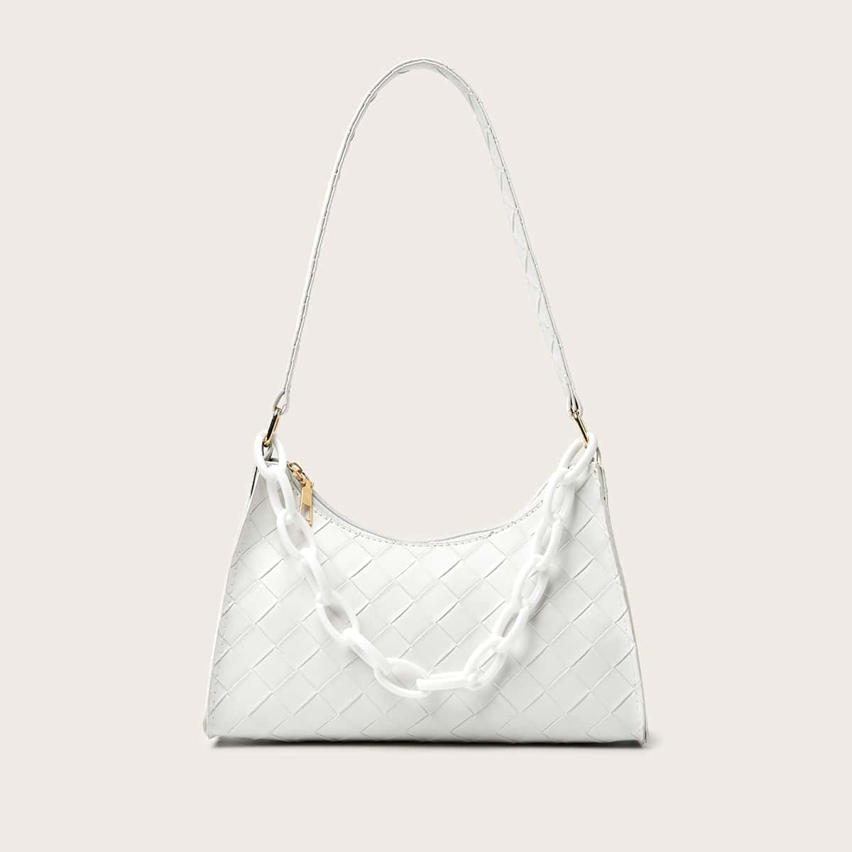 

Chain Decor Woven Pattern Shoulder Bag, White