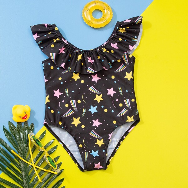 

Toddler Girls Star Print One Piece Swimsuit, Black