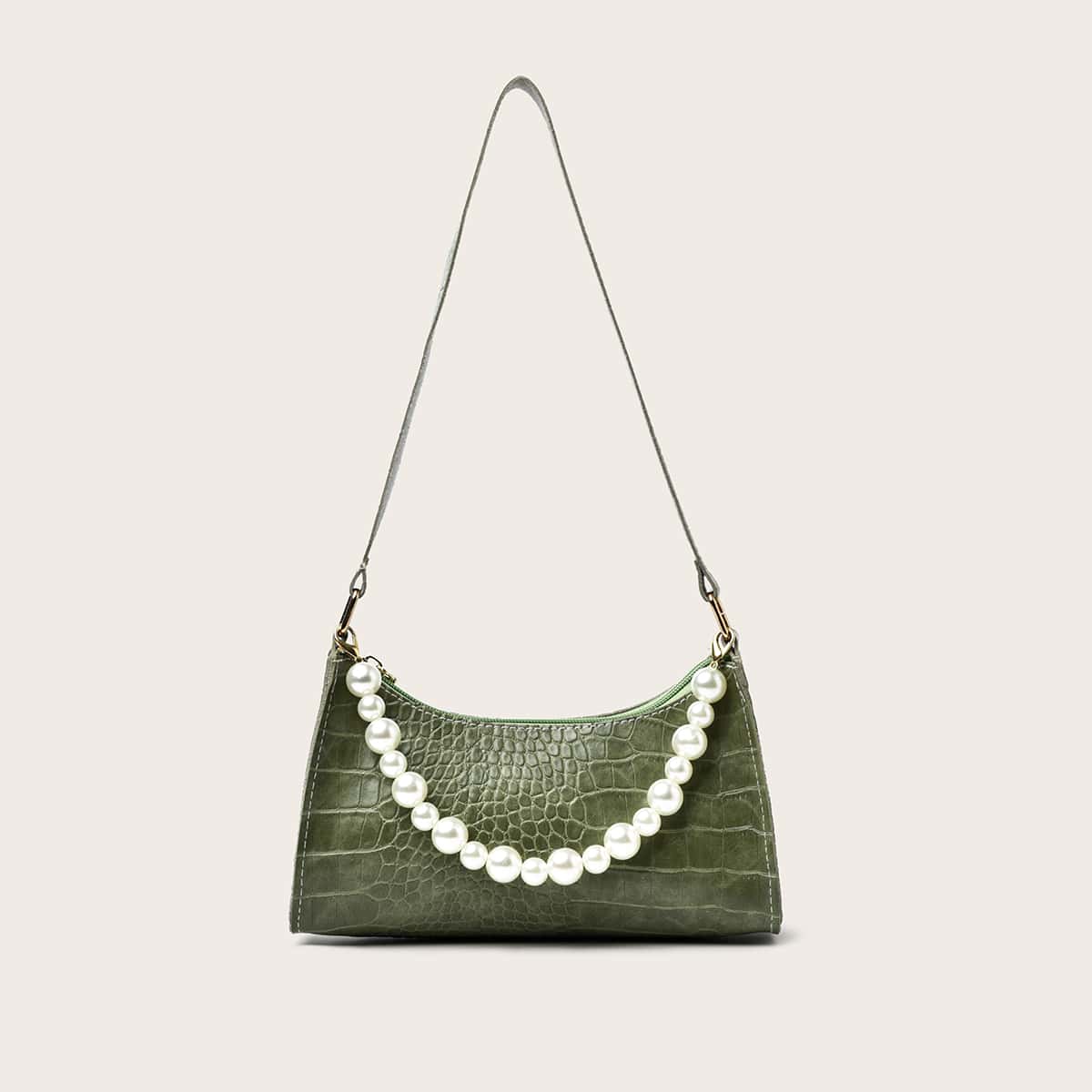 

Faux Pearl Decor Croc Embossed Shoulder Bag, Green