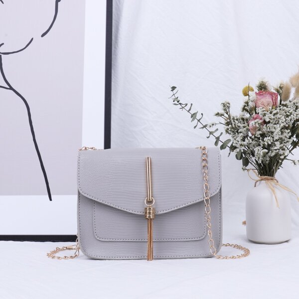 

Tassel Decor Lizard Embossed Crossbody Bag, Grey