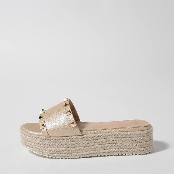 

Studded Decor Flatform Mules, Champagne