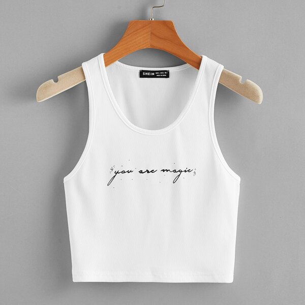 

Slogan Graphic Rib-knit Tank Top, White