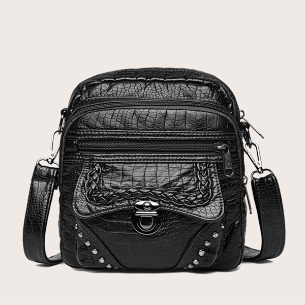 

Studded Decor Croc Embossed Crossbody Bag, Black
