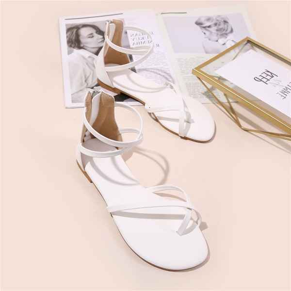

Back Zipper Thin Strap Flat Thong Sandals, White