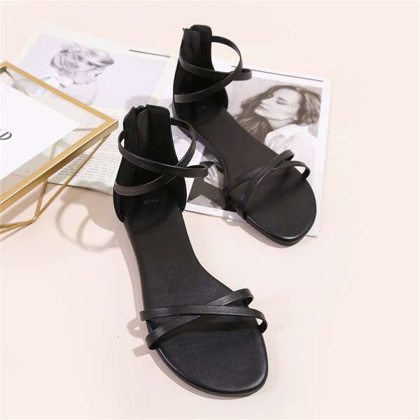 

Back Zipper Thin Strap Flat Sandals, Black