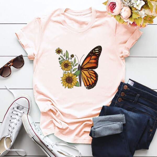 

Butterfly & Sunflower Print Tee, Baby pink