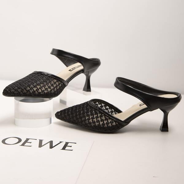 

Embroidered Mesh Mule Heels, Black