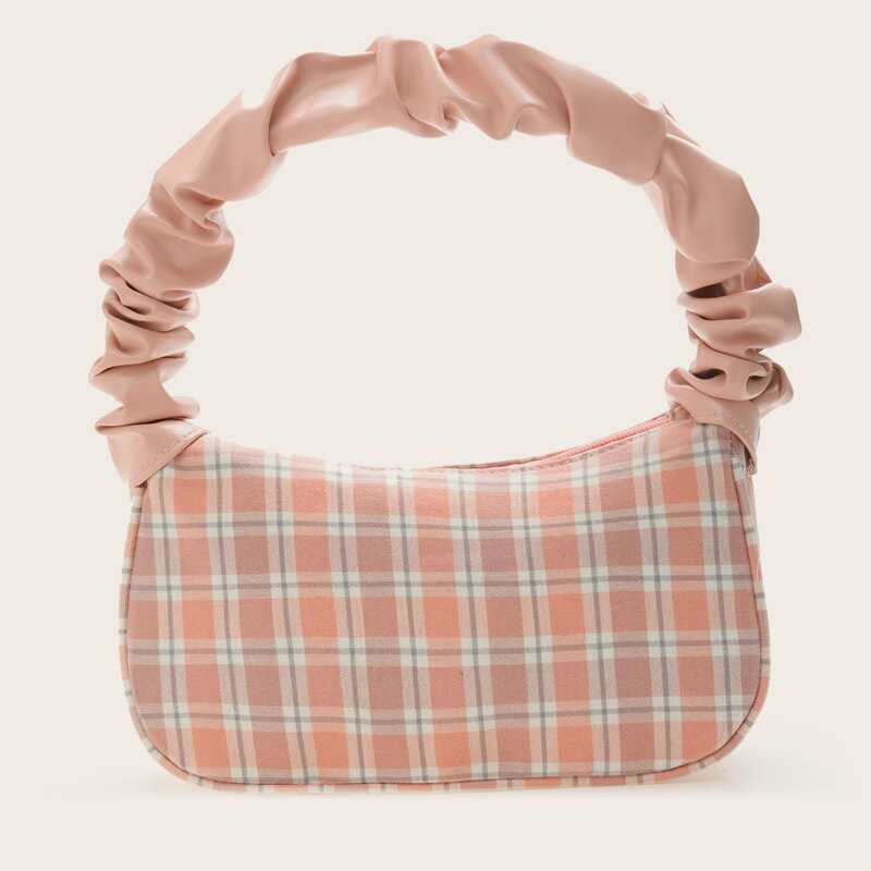 Ruched Handle Plaid Pattern Shoulder Bag, Pink