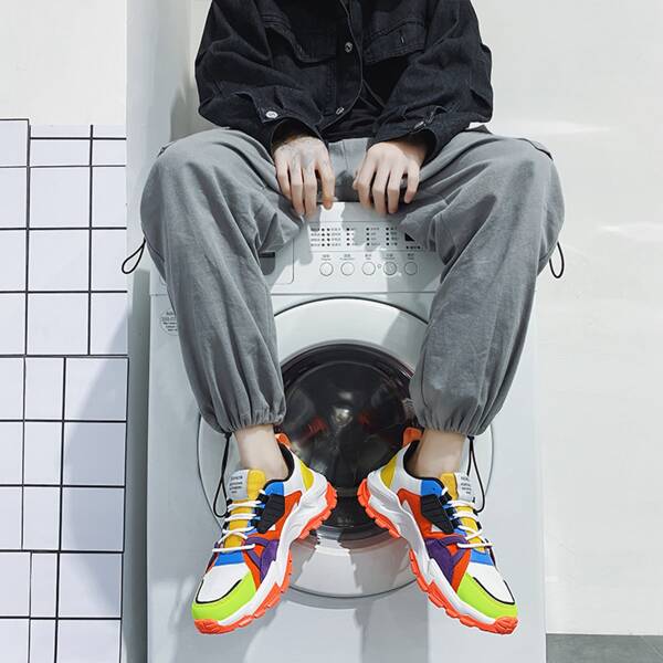 

Men Color Block Lace-up Front Chunky Sneakers, Orange