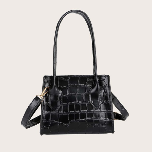 

Croc Embossed Double Handle Shoulder Bag, Black