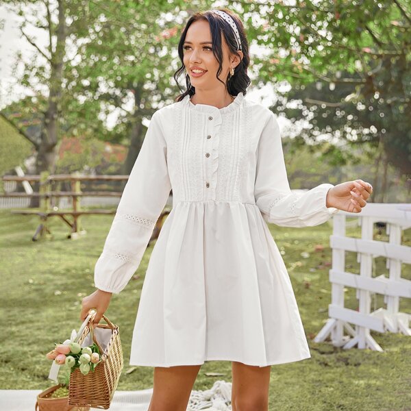 

Stand Collar Button Front Smock Dress, White