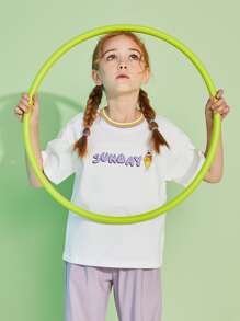 Girls Striped Neck Drop Shoulder Tee - White - View 1