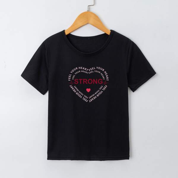 

Girls Slogan & Heart Print Tee, Black