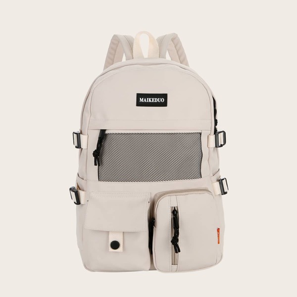

Pocket Front Contrast Mesh Backpack, Beige