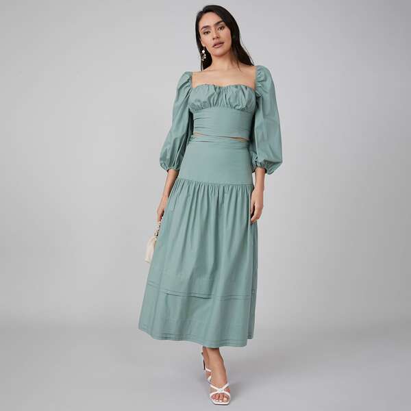 

100% COTTON HIGH WAIST TIERED SKIRT, Mint green