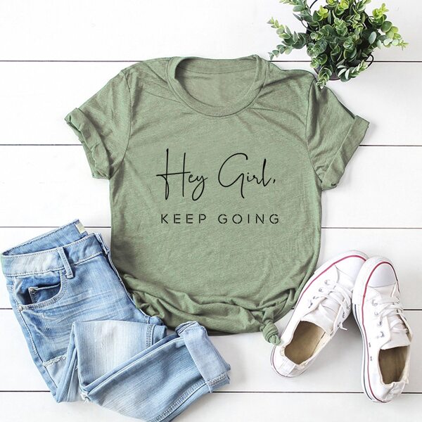 

Slogan Graphic Round Neck Tee, Army green