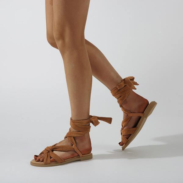 

Tie Leg Suede Flat Sandals, Brown