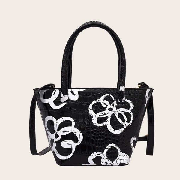 

Floral Graphic Croc Embossed Satchel Bag, Black