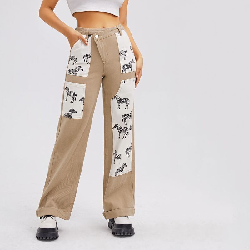 

Asymmetrical Waist Zebra Print Colorblock Wide Leg Jeans, Apricot