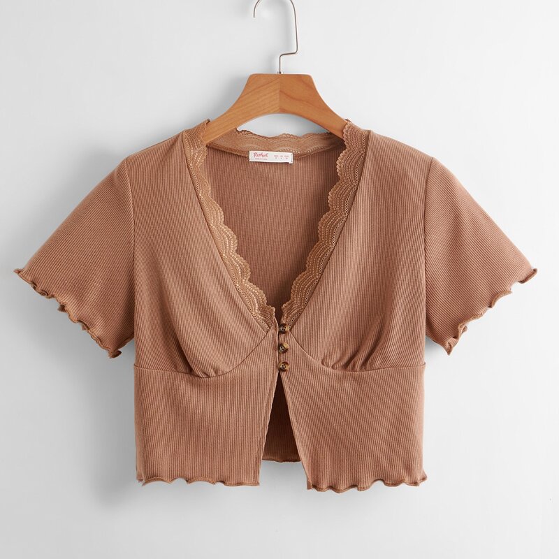

Contrast Lace Button Lettuce Trim Crop Tee, Brown