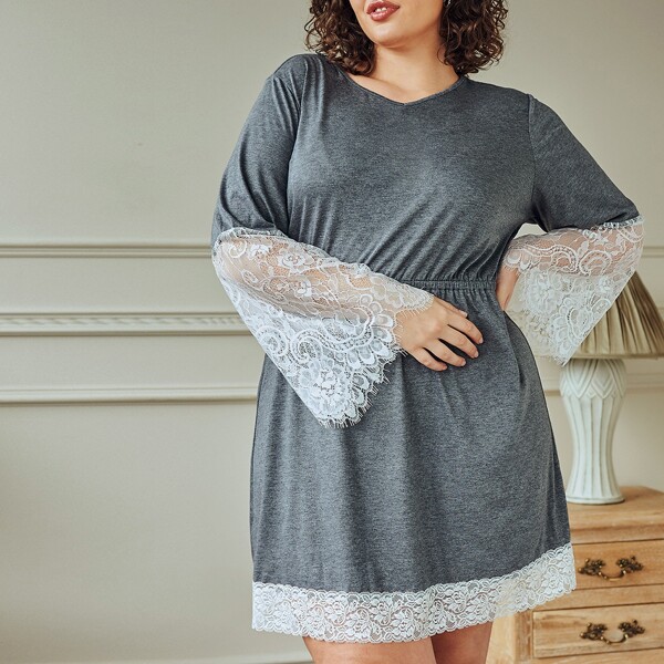 

Plus Contrast Lace Panel Night Dress, Dark grey