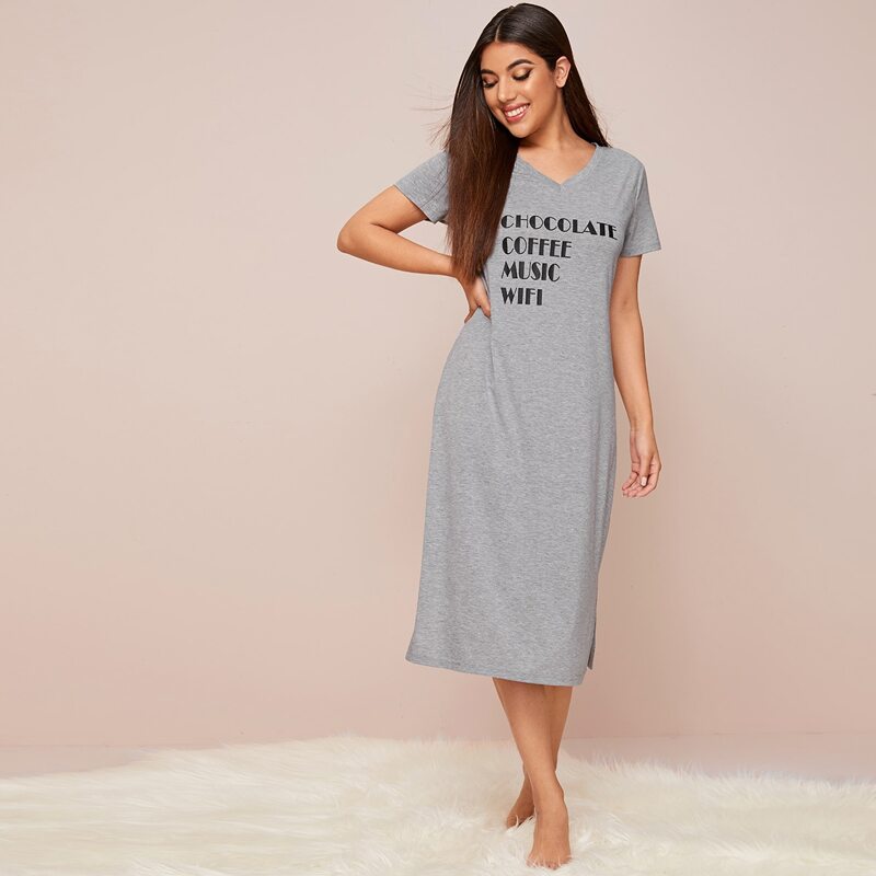 

Letter Graphic Split Hem Sleep Dress, Grey