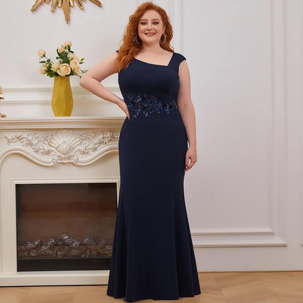

Plus Asymmetrical Neck Appliques Detail Mermaid Hem Prom Dress, Navy blue
