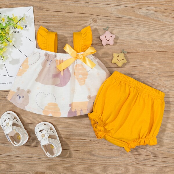 

Baby Girl Cartoon Bear Print Ruffle Trim Cami Top & Shorts, Multicolor