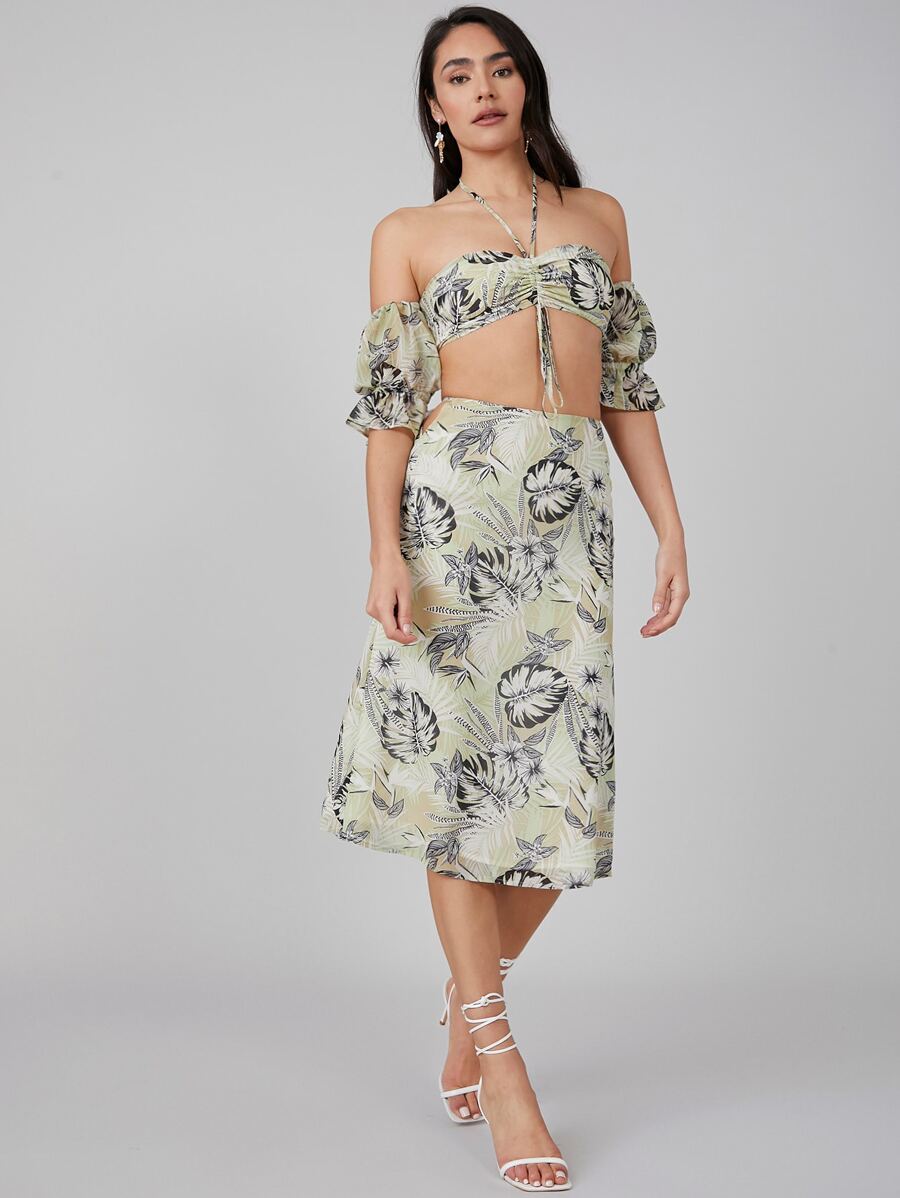 SHEIN VCAY 熱帶露肩短版上衣和半身裙套裝 - 彩色 - 查看 1