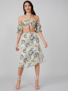 SHEIN VCAY 熱帶露肩短版上衣和半身裙套裝 - 彩色 - 查看 3