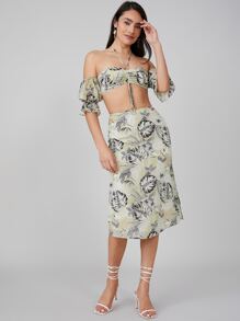 SHEIN VCAY 熱帶露肩短版上衣和半身裙套裝 - 彩色 - 查看 4