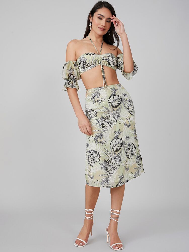 SHEIN VCAY 熱帶露肩短版上衣和半身裙套裝 - 彩色 - 查看 4