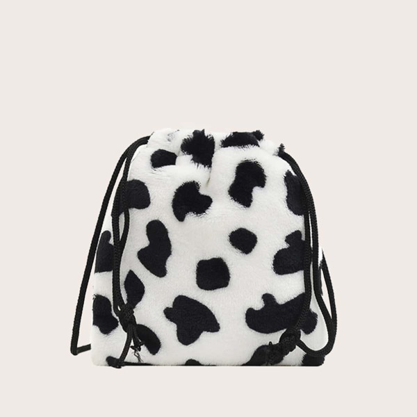

Girls Cow Pattern Fluffy Drawstring Crossbody Bag, Black and white