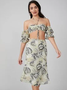 SHEIN VCAY 熱帶露肩短版上衣和半身裙套裝 - 彩色 - 查看 6