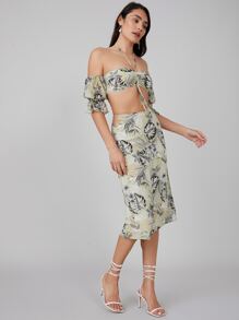 SHEIN VCAY 熱帶露肩短版上衣和半身裙套裝 - 彩色 - 查看 7