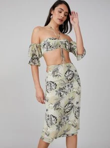 SHEIN VCAY 熱帶露肩短版上衣和半身裙套裝 - 彩色 - 查看 8