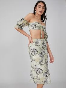 SHEIN VCAY 熱帶露肩短版上衣和半身裙套裝 - 彩色 - 查看 9