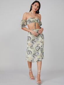 SHEIN VCAY 熱帶露肩短版上衣和半身裙套裝 - 彩色 - 查看 10