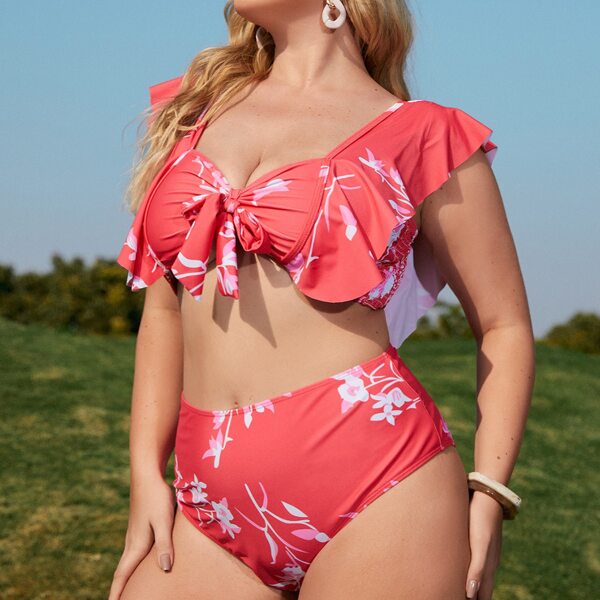 

Plus Floral Knot Front Ruffle Bikini Swimsuit, Red