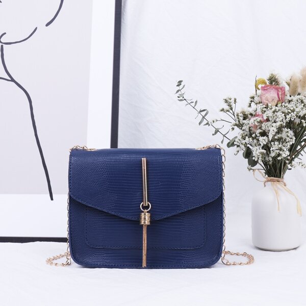

Metal Tassel Decor Lizard Print Chain Bag, Blue