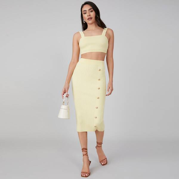 

VISCOSE FINE-KNIT TOP & SKIRT SET, Yellow